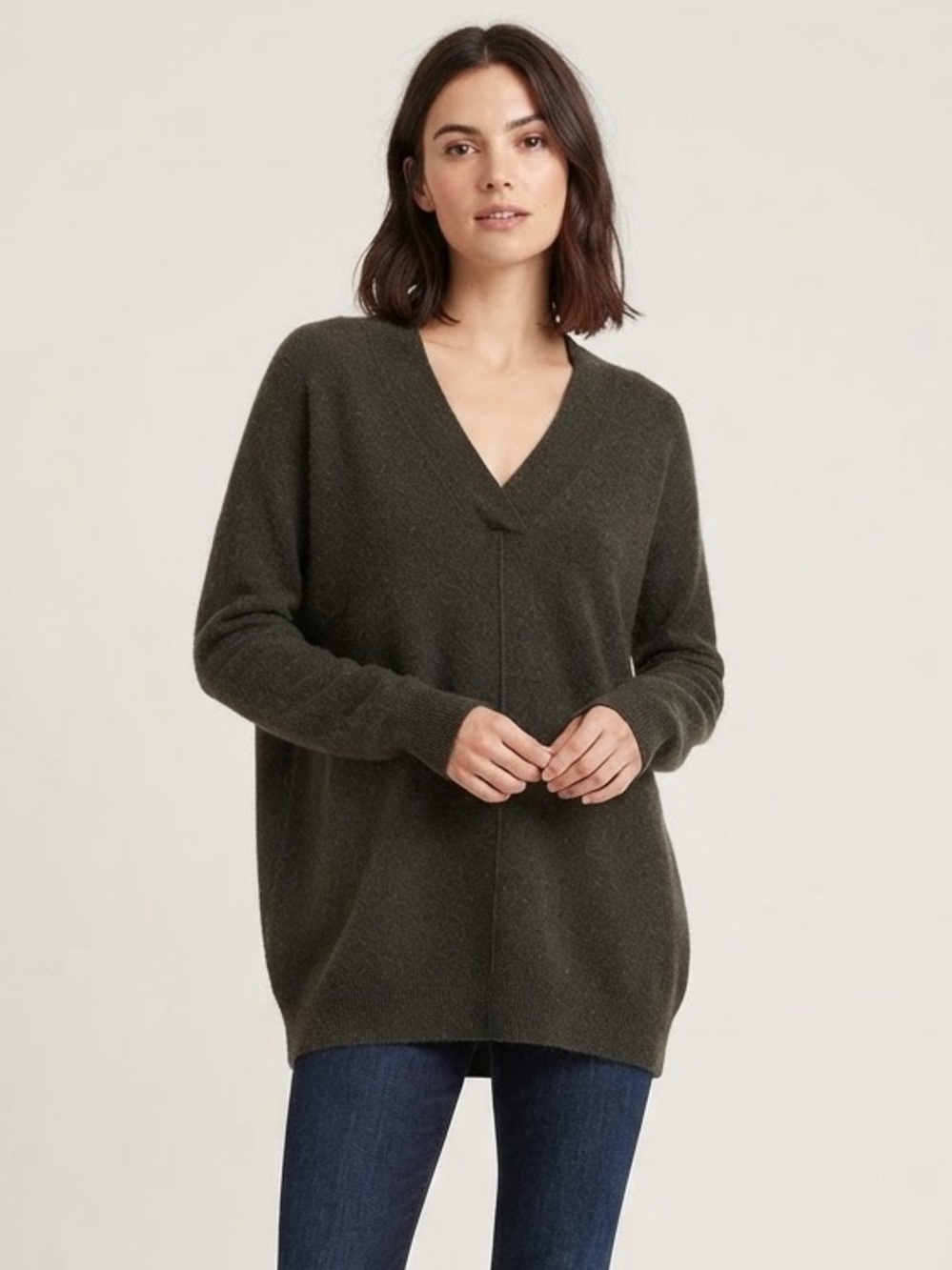 Repeat Sz M Cashmere Green Knit V Neck Relaxed Sweater